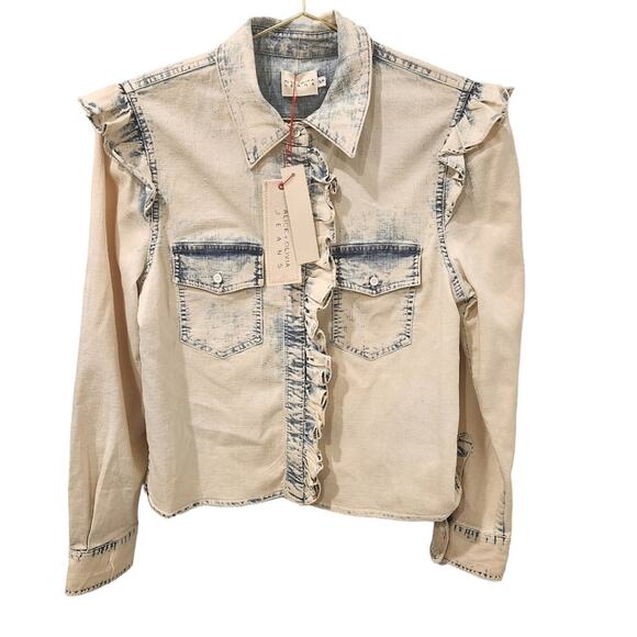 Alice + Olivia Ruffle denim button blouse size small - Picture 3 of 6